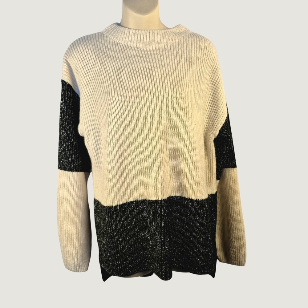Karl Lagerfeld Sweater Womens M Colorblock Metallic Ribbed Knit Oversized Black
